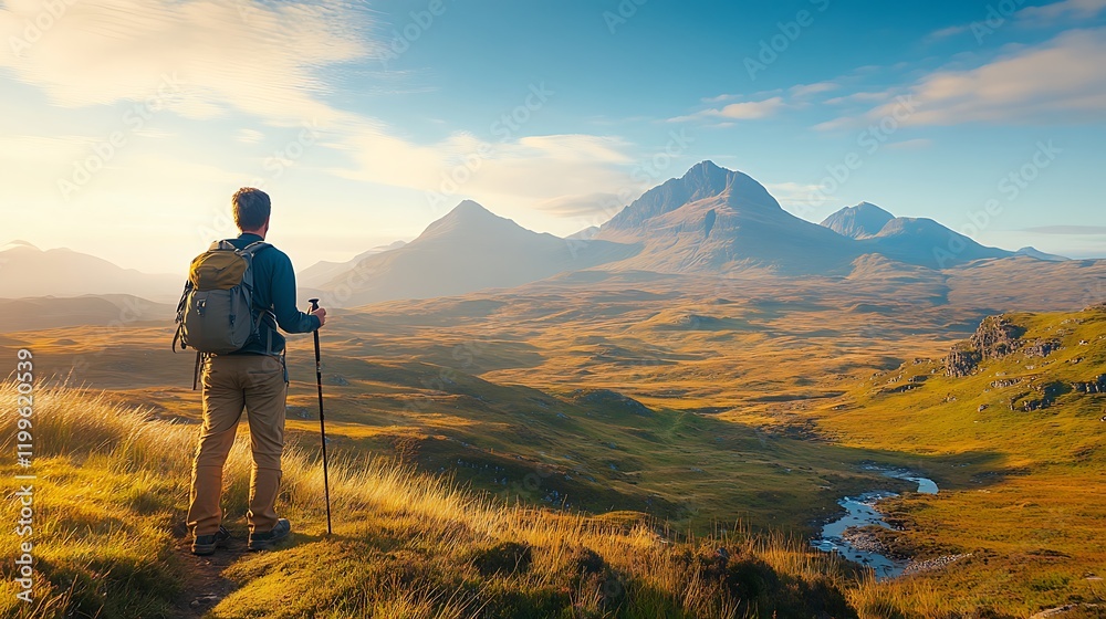 A Man Hiking in the Scottish Highlands with Rolling Hills and Majestic Views A Man Hiking in the Scottish Highlands with Rolling Hills and Majestic Views