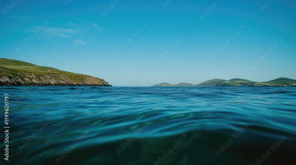 Fototapeta premium Serene Coastal View Green Hills and Blue Water
