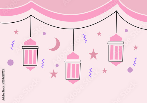 illustration of Ramadan Kareem featuring a mosque, lanterns, the moon, and stars.