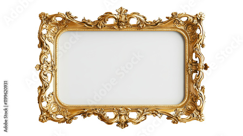 Ornate Gold Frame: A close-up shot of an ornate gold frame, its intricate details and elegant curves evoke a sense of grandeur and sophistication. The frame is perfectly isolated. photo