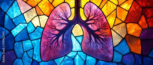 A dynamic stained glassinspired image of human lungs, with bright, vibrant colors and geometric shapes creating an artistic effect photo