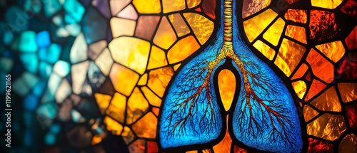 A dynamic stained glassinspired image of human lungs, with bright, vibrant colors and geometric shapes creating an artistic effect photo