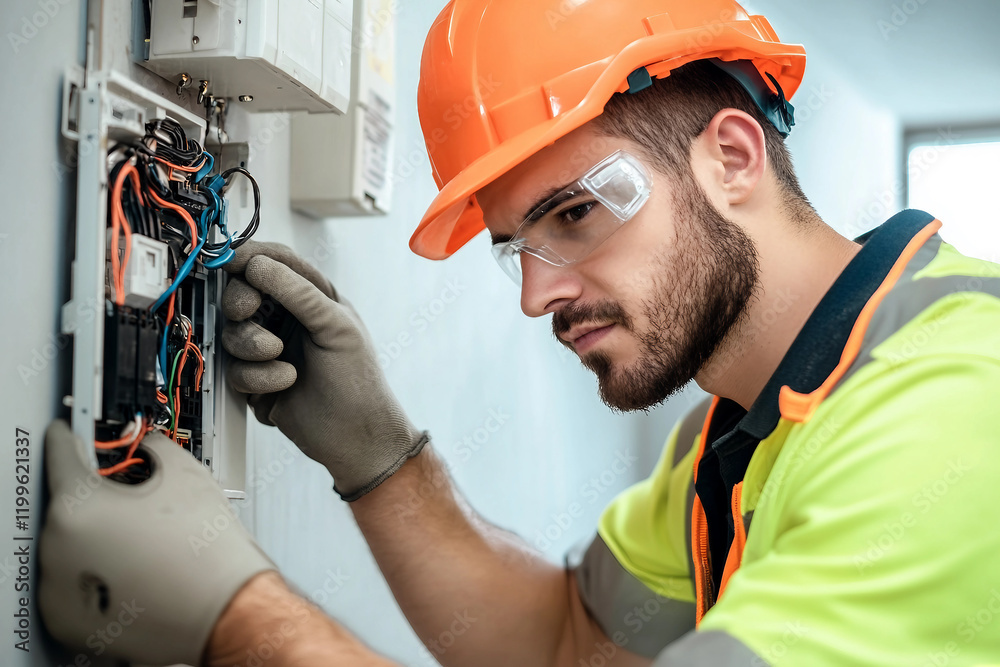 Focused Electrician in Hard Hat Working with Wiring in Industrial Setting, Generative AI Focused Electrician in Hard Hat Working with Wiring in Industrial Setting, Generative AI