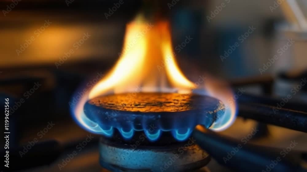 A gas burner ignites with intense blue flames, showcasing the heat source in a kitchen. The flames create a captivating contrast against the burner’s surface, emphasizing the cooking process
