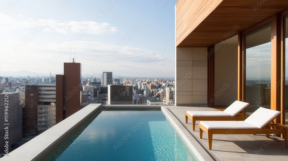 Obraz premium Luxury hotel interior showcasing exclusive architecture. Modern rooftop pool with city skyline view and lounge chairs.