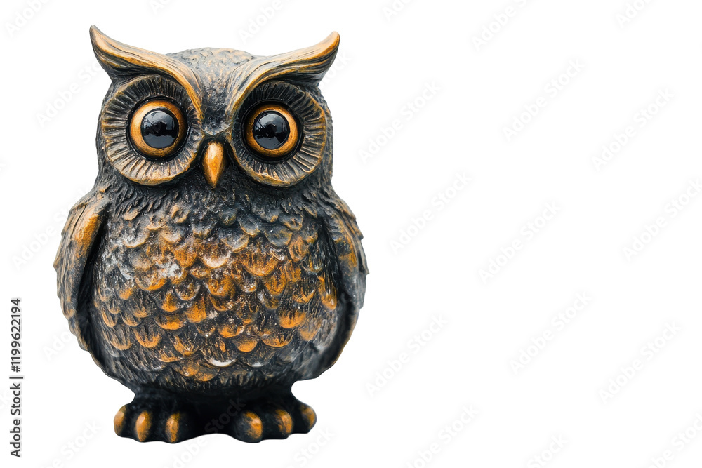 Naklejka premium Decorative bronze owl sculpture with detailed feathers displayed on a white background