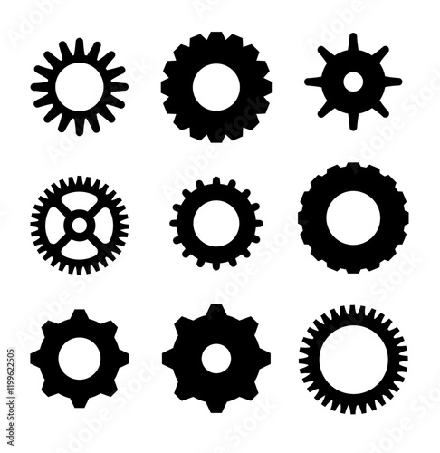 Gears shapes line icons. Flat machine gear icon. Wheel cogwheel vector. Simple outline isolated elements. Black gear. photo