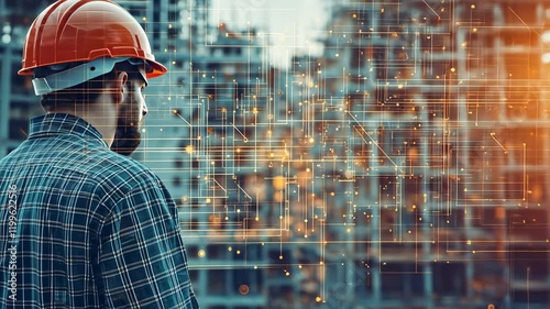 Construction Worker and Smart Building Technology, construction site, architecture, engineer, hard hat, safety helmet