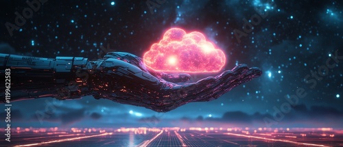 A robotic hand holding a radiant glowing cloud, set against a starfilled night sky, with a neon grid below in a futuristic environment photo