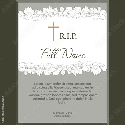 Card template with green flower border and cross, vector illustration