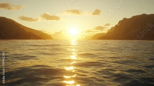 Golden Sunset Over Calm Ocean Between Mountains