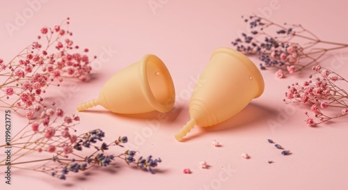 Silicone menstrual cups on pink background with dried flowers