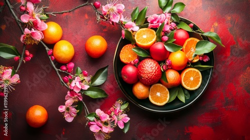 Chinese New Years, A bowl of oranges and lemons is on a red background