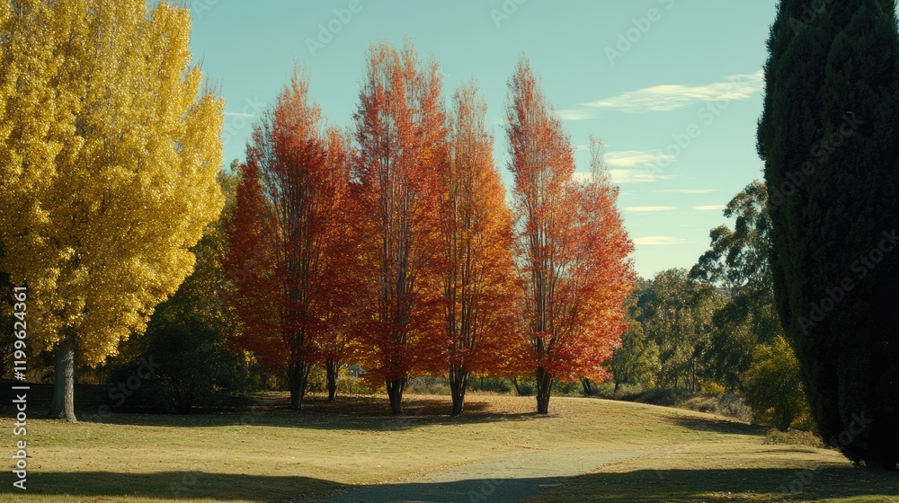 Naklejka premium Autumn Trees Displaying Vibrant Yellow And Red Foliage
