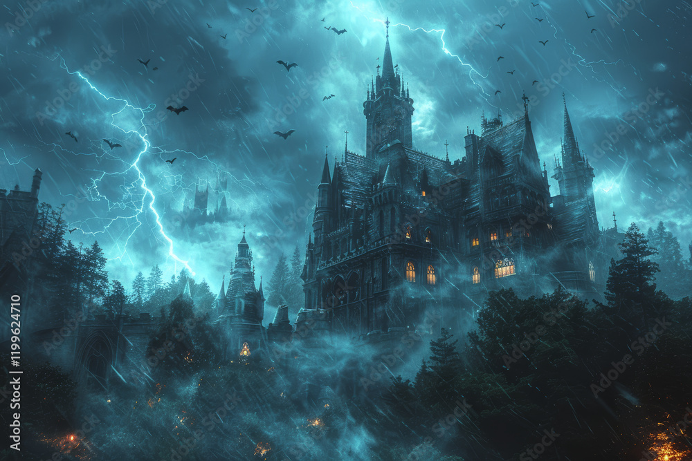 Vampire Castle Towers Under Stormy Sky With Bats and Lightning Vampire Castle Towers Under Stormy Sky With Bats and Lightning