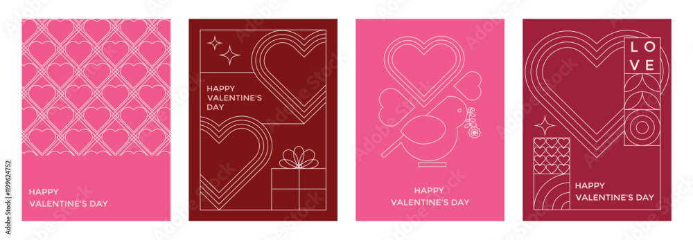 Set Happy Valentine's Day geometric minimalist cards in line style. Modern pattern with Valentines day line icons. Love and hearts. For greeting card, invitation, poster, cover, social media, banners Set Happy Valentine's Day geometric minimalist cards in line style. Modern pattern with Valentines day line icons. Love and hearts. For greeting card, invitation, poster, cover, social media, banners