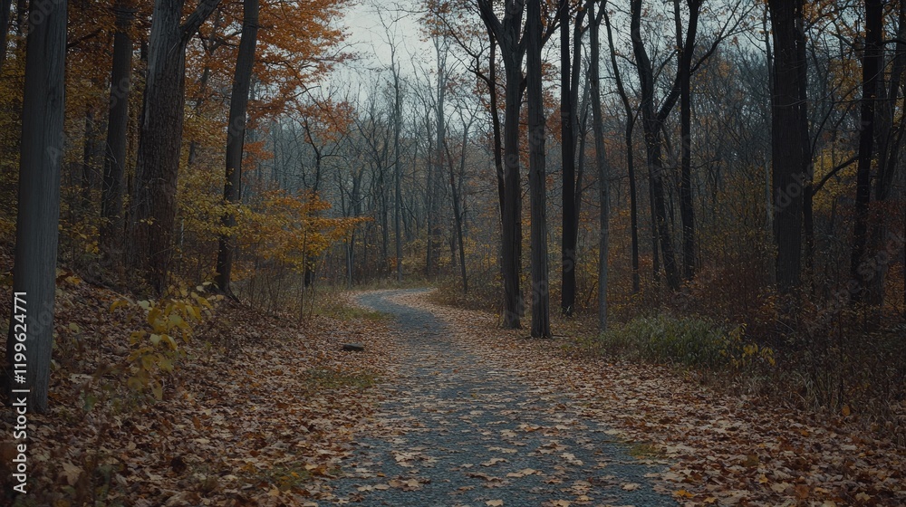 Fototapeta premium Autumn Path Winding Through a Leaf Covered Forest