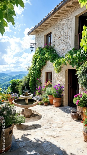 A flowerfilled country courtyard with a vintage water fountain, surrounded by natural stone walls photo