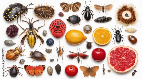 A vibrant collection of various insects and fruits displayed on a white background for educational purposes photo