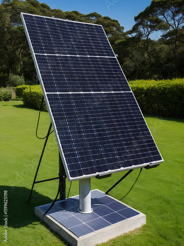 a solar panel mounted on a stand. designed to capture sunlight and convert it into electrical energy this renewable energy source is essential for sustainable power generation and reducing carbon emis photo