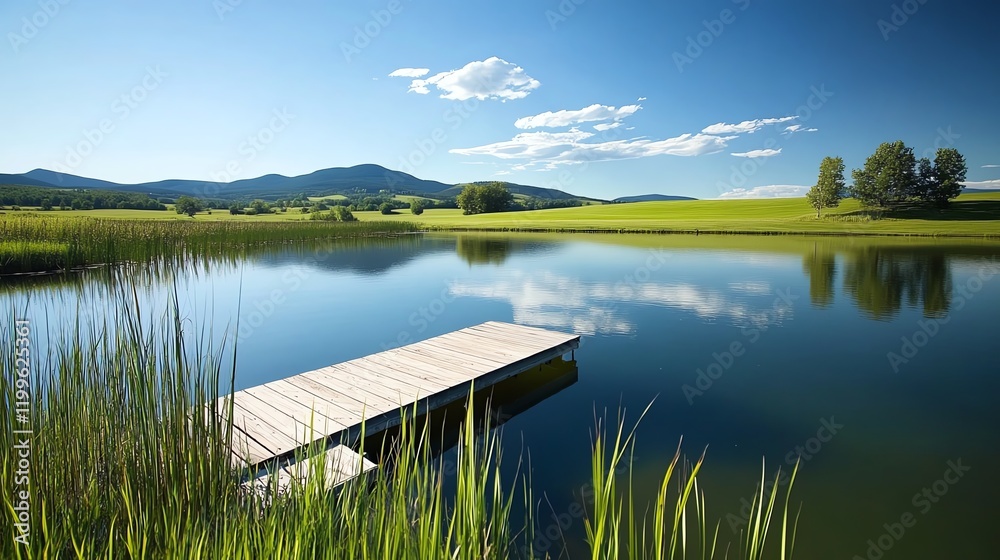 A wooden dock extending into a serene farm pond, surrounded by cattails and reflective water A wooden dock extending into a serene farm pond, surrounded by cattails and reflective water
