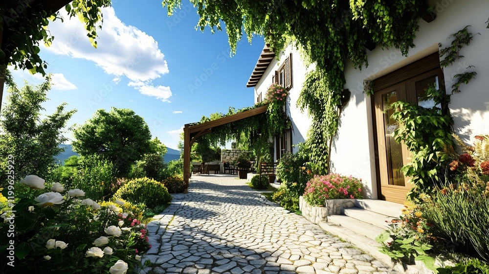 Fototapeta premium Cottagestyle garden with climbing roses, wooden archways, and a cobblestone path, embodying rural romance