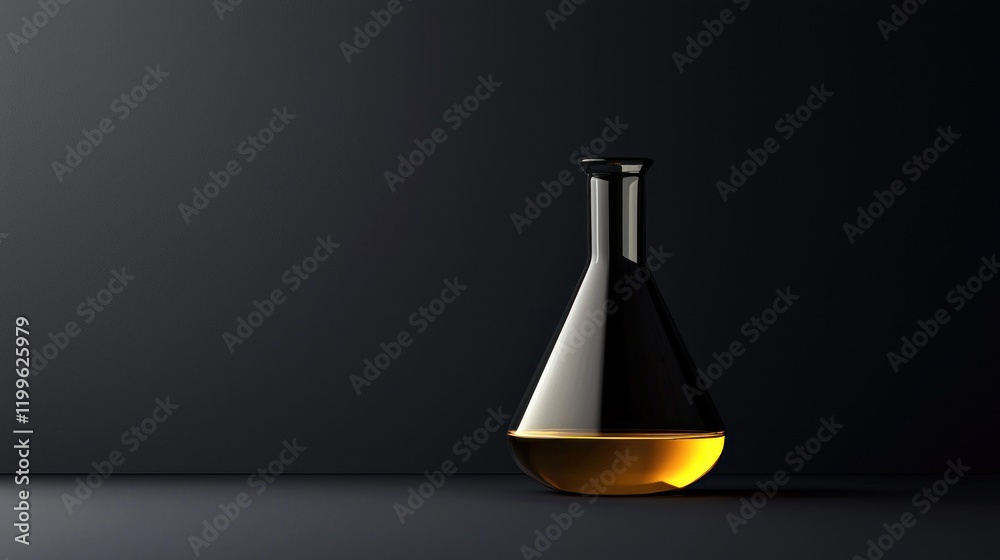 Glass flask with yellow liquid on dark background. Glass flask with yellow liquid on dark background.