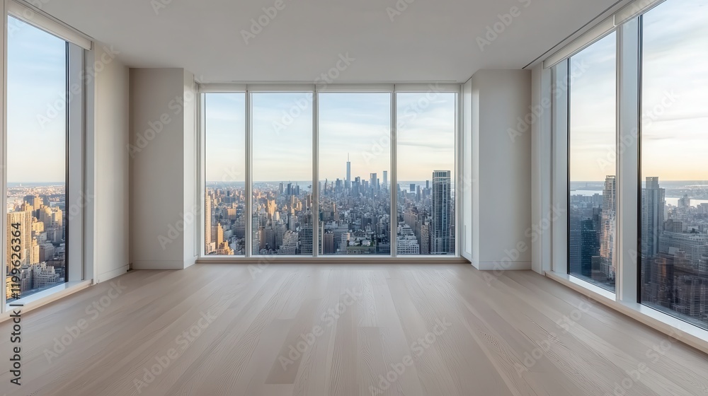 Fototapeta premium Luxury hotel interior showcasing exclusive architecture. Modern apartment with expansive city skyline view through large windows.