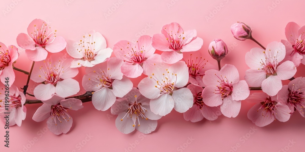 A flat lay of cherry blossoms on a pink background, symbolizing spring, beauty, and celebrations. Perfect for greeting cards, weddings, and feminine designs.