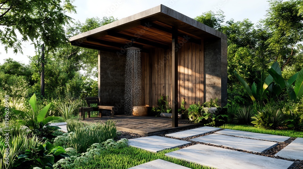 Outdoor shower in a rural garden, surrounded by natural wood privacy screens and lush greenery Outdoor shower in a rural garden, surrounded by natural wood privacy screens and lush greenery