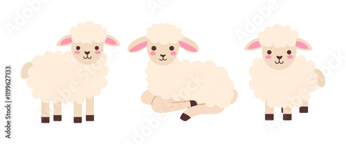 Three cute cartoon sheep are sitting in different positions. The first sheep is standing, the second is laying down, and the third is sitting. The sheep are all smiling