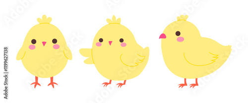 Three cute yellow chicks standing next to each other