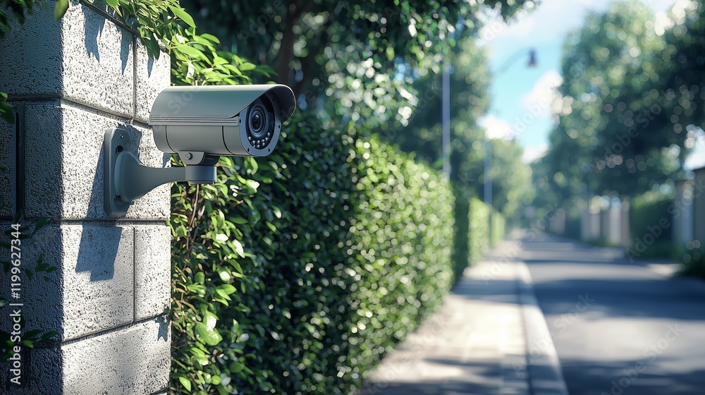 Outdoor Security Camera Mounted on Wall with Greenery Surrounding Outdoor Security Camera Mounted on Wall with Greenery Surrounding