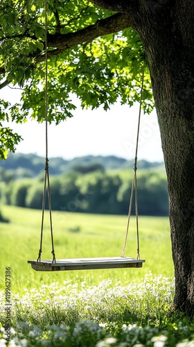 Rustic garden swing hanging from a large tree, framed by wildflowers and soft natural light