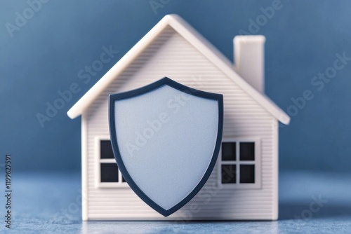 A small house model with a shield in front symbolizes home security and protection.