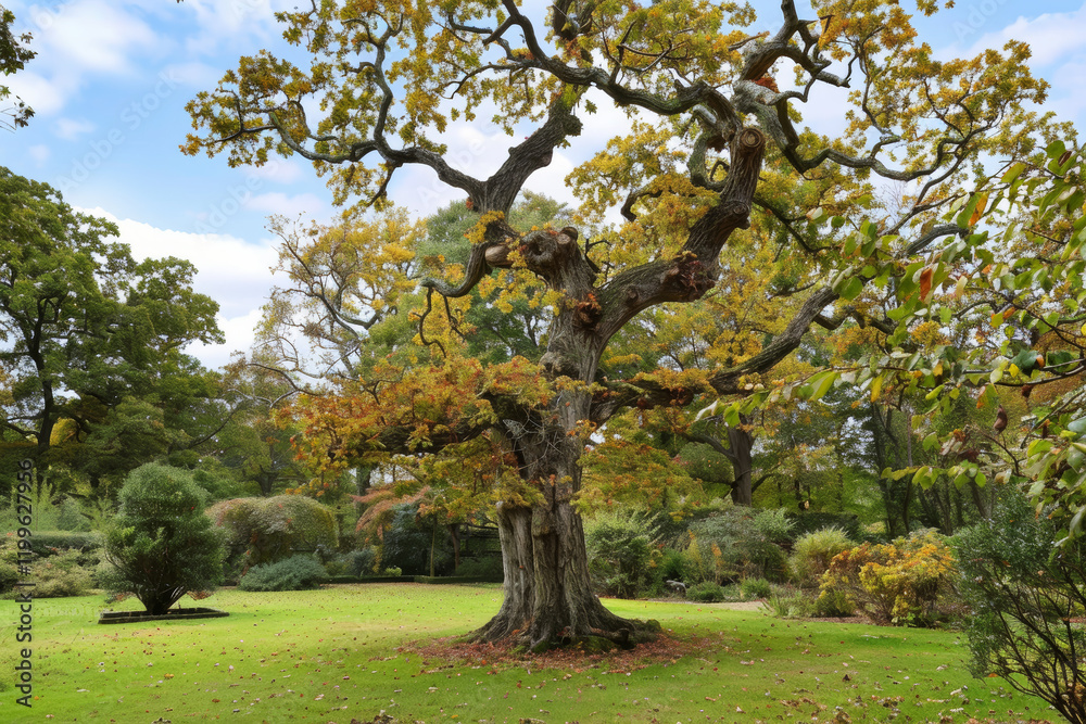 Fototapeta premium Majestic Autumn Tree Standing Tall in a Serene Garden Setting