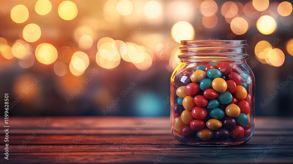 Colorful Candy Jar against Blurred Background with Bokeh Lights Colorful Candy Jar against Blurred Background with Bokeh Lights