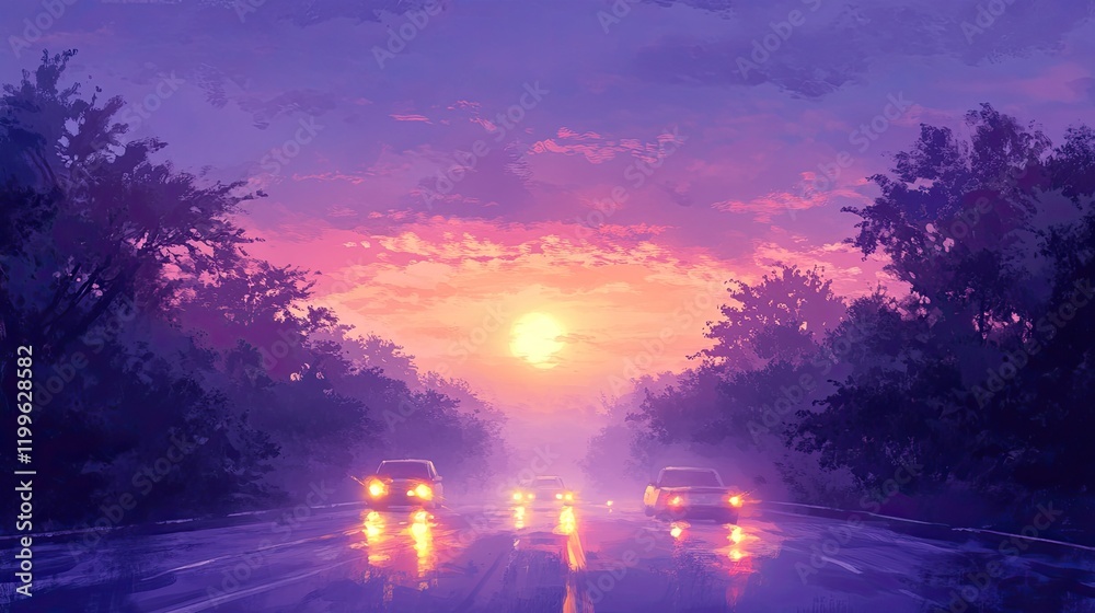 Obraz premium Cars Drive Through Purple Sunset Landscape