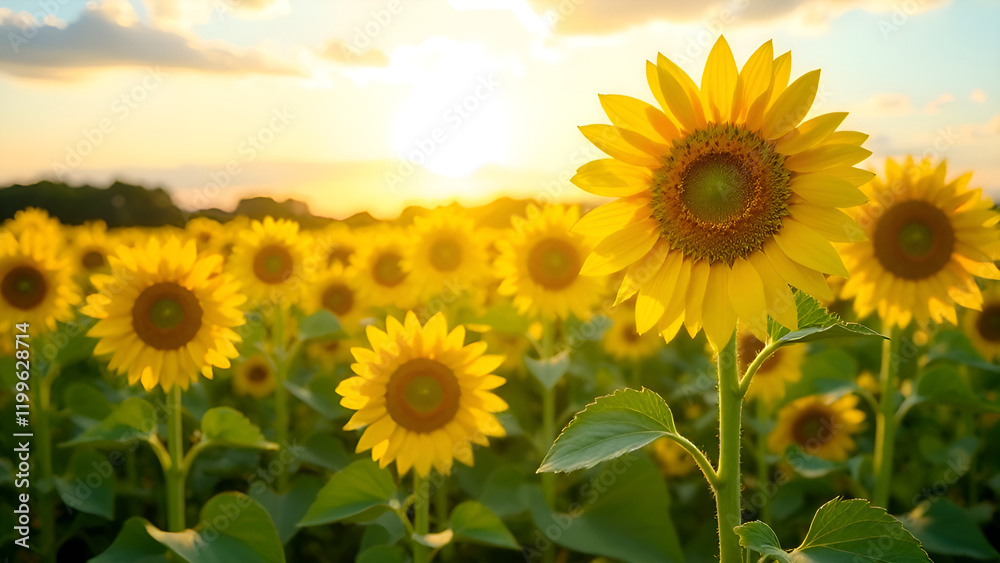 A vast and vibrant field filled with beautiful sunflowers, their bright yellow petals reaching towards the sky as the sun shines down through the clouds, creating a picturesque scene