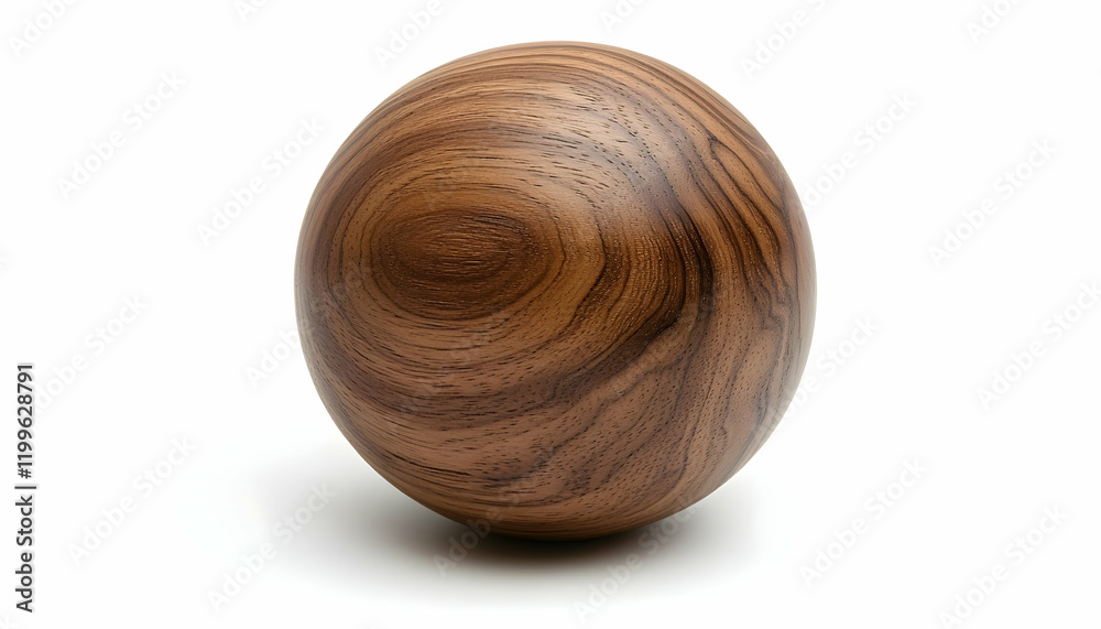 Polished wood sphere, studio shot, white background, decor