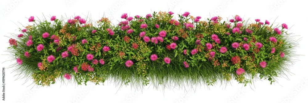 Fototapeta premium Lush Flower Bed with Grasses – Overhead View on White Background