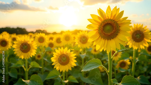 Obraz na płótnie A vast and vibrant field filled with beautiful sunflowers, their bright yellow petals reaching towards the sky as the sun shines down through the clouds, creating a picturesque scene w salonie