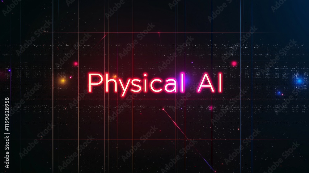 Fototapeta premium Neon Light Graphic with Text Displaying Physical AI Concept in Dark Background