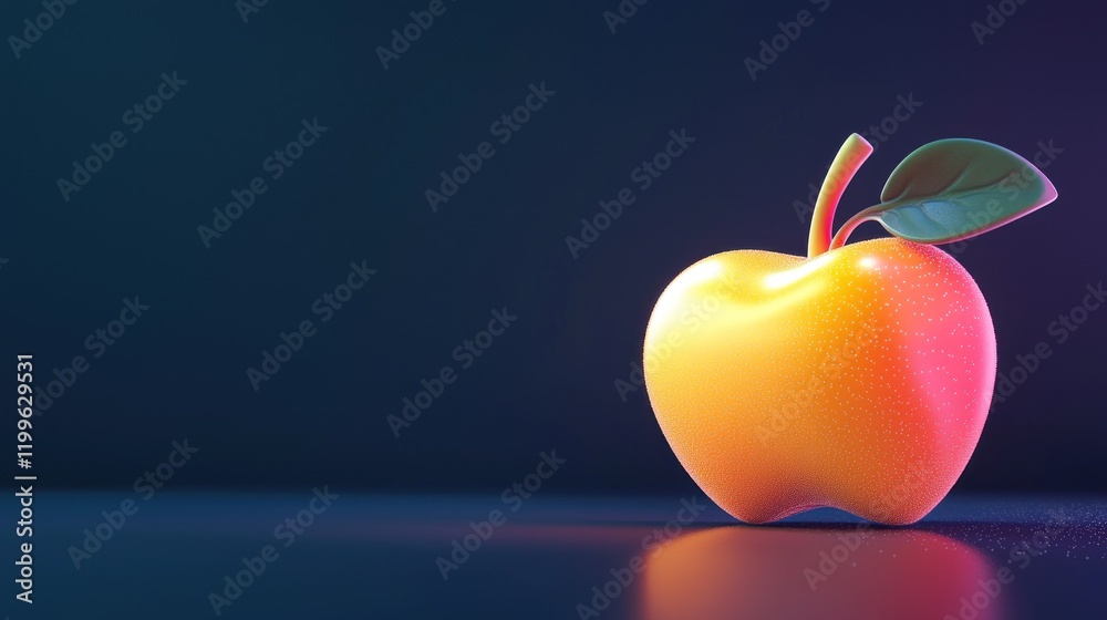 Obraz premium Shiny red-yellow apple with leaf on dark background.