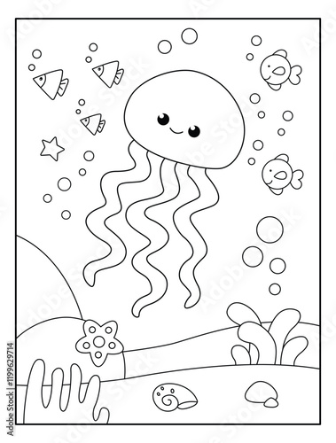 Cute jelly fish with sea view background coloring page for kids. Funny animal outline vector illustration. photo