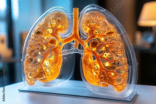 medical illustration of human bronchial system, detailed anatomical cross-section with highlighted inflammation areas, educational diagram style photo