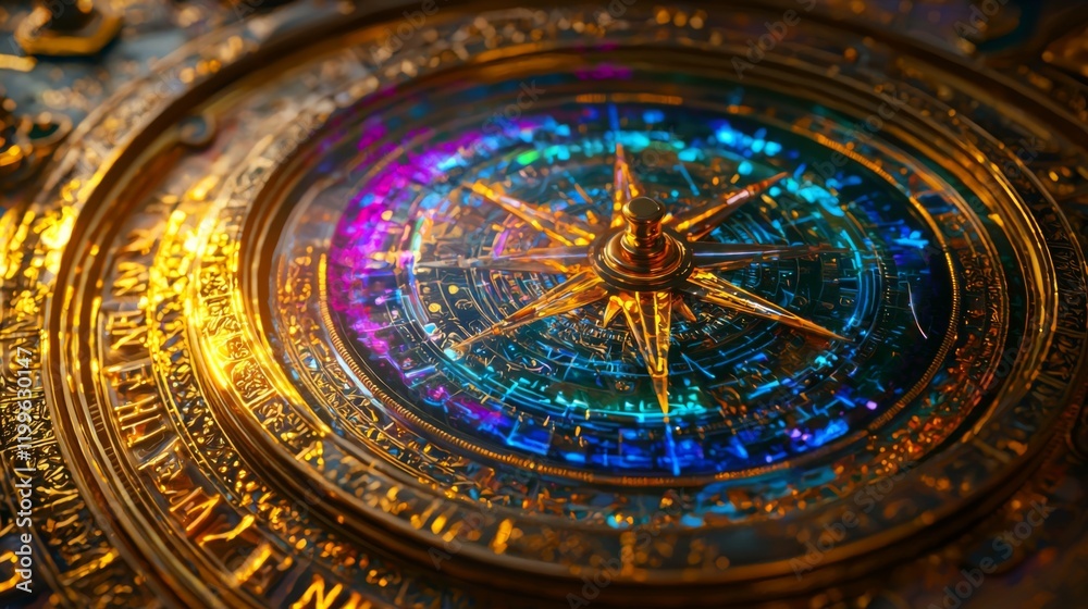 Fototapeta premium Intricate Golden Compass with Glowing Celestial Map Mystical Navigation Tool