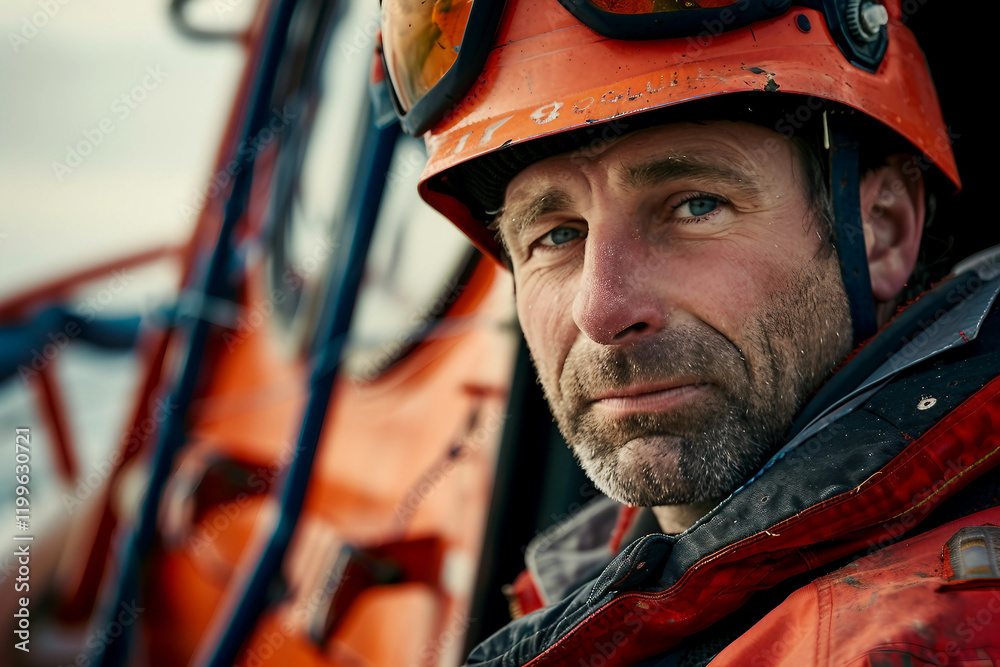 Focused Coast Guard Officer in Action with Communication Equipment on a Patrol Mission – Generative AI Focused Coast Guard Officer in Action with Communication Equipment on a Patrol Mission – Generative AI