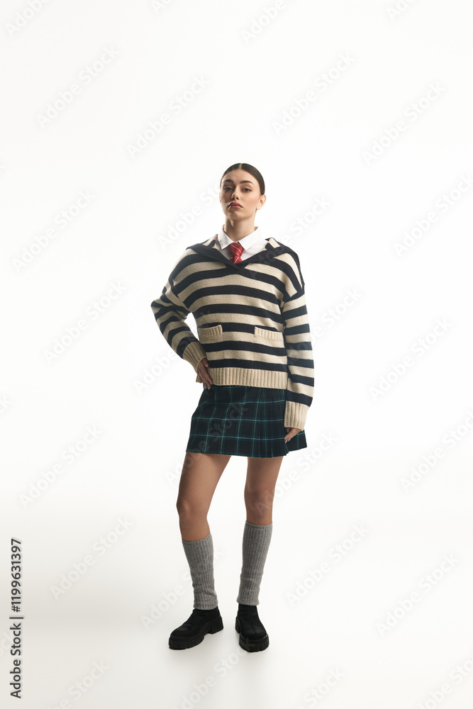 A young woman showcases her unique fashion sense while exuding emotion in a simple setting. A young woman showcases her unique fashion sense while exuding emotion in a simple setting.