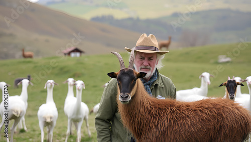 pastore con gregge di pecore sui monti Sibillini, Italia photo